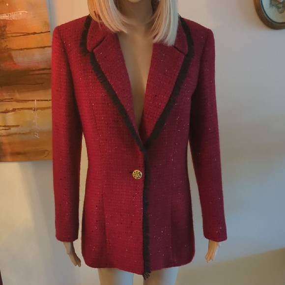 St. John Jackets & Blazers - St. John Raspberry Tweed Single-Button Blazer with Black Trim